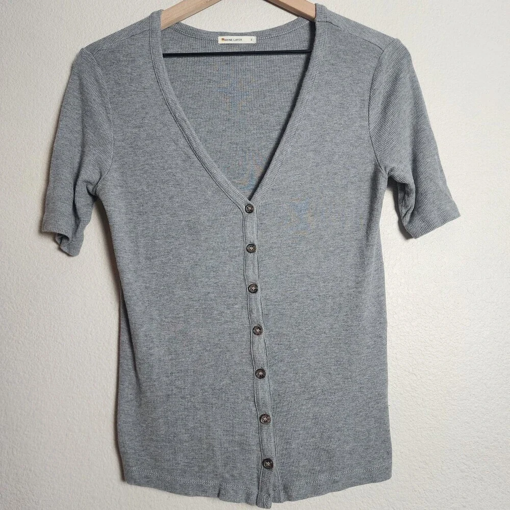 Marine Layer top Womens Small Gray V Neck Lexi Button Modal Spandex Knit